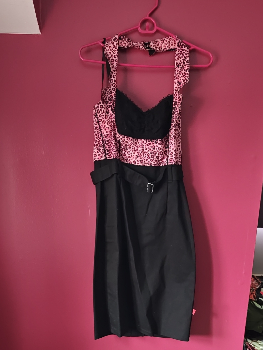 Tripp NYC Pink Leopard Halter Dress with Black Skirt